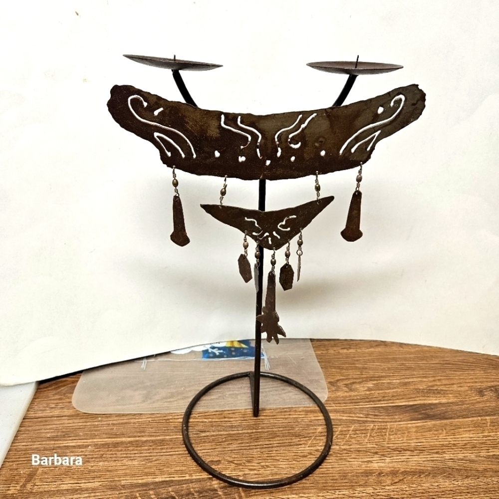 Vintage Hand-Forged Metal Dual Mexican Tribal Candleholder